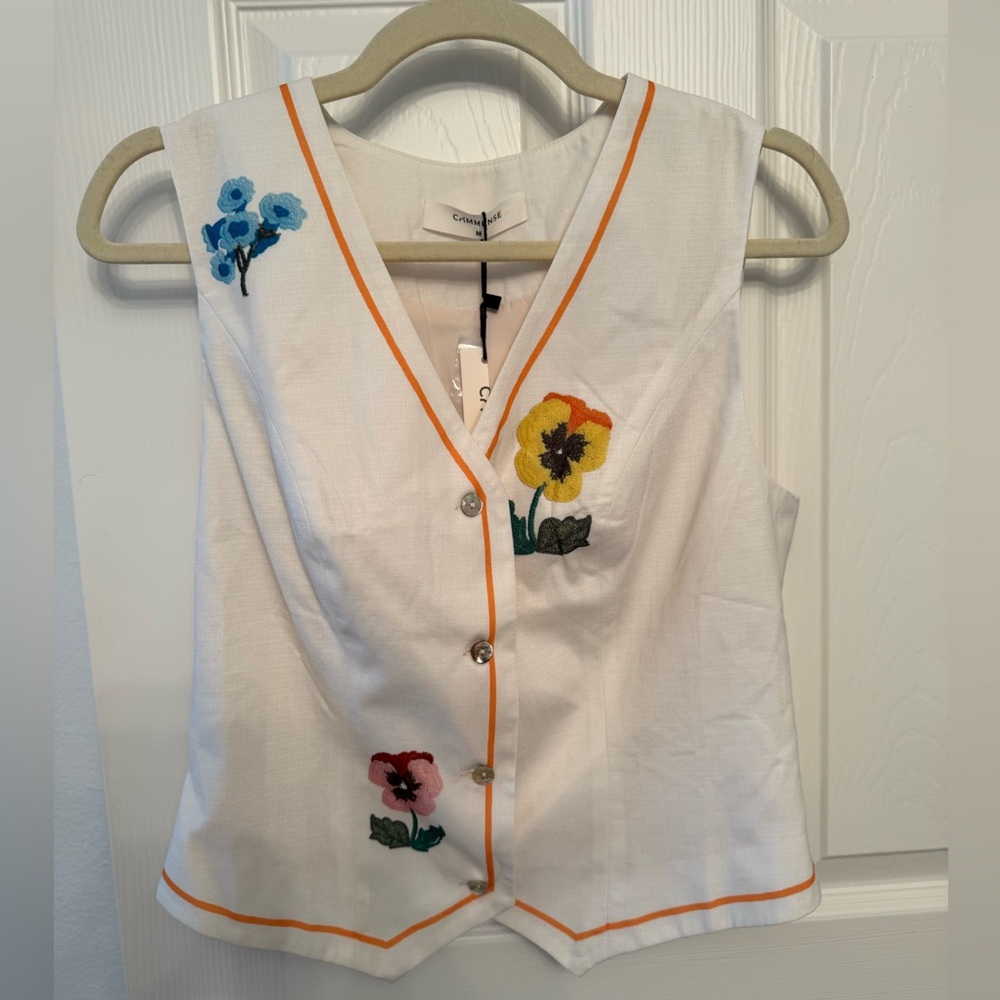Commense Cream & Floral Printed Blouse Vest Mother of Pearl Buttons